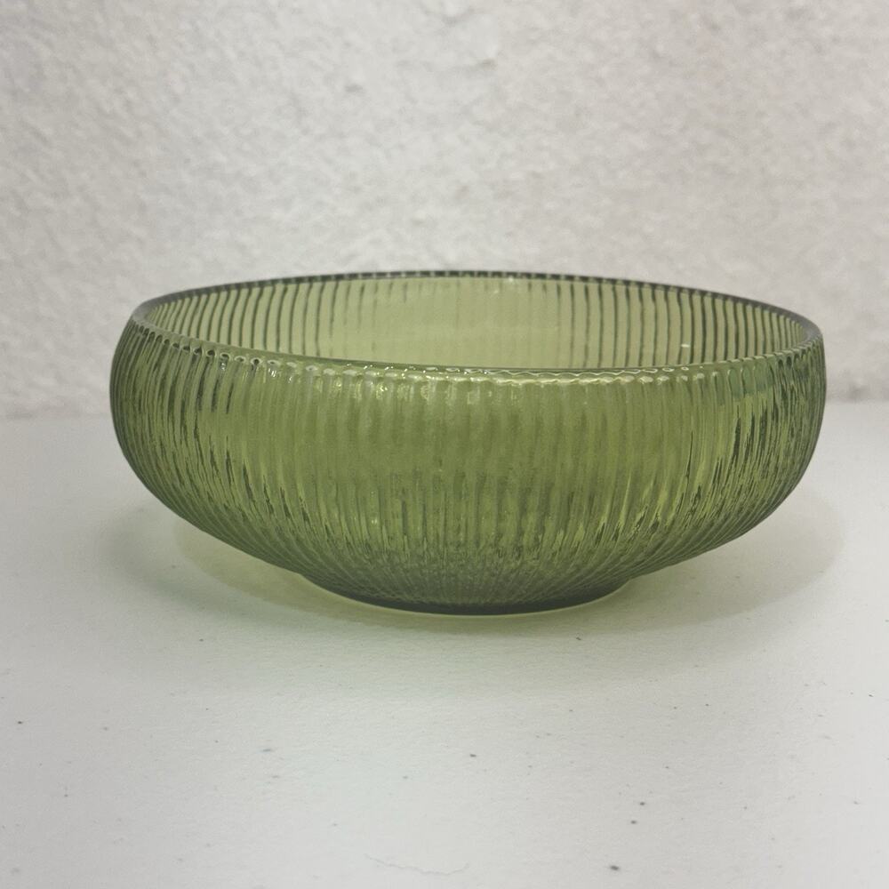 E.O. Brody Co. Cleveland Green Ribbed Glass Bowl Shallow Vase Candy Dish MCM VTG